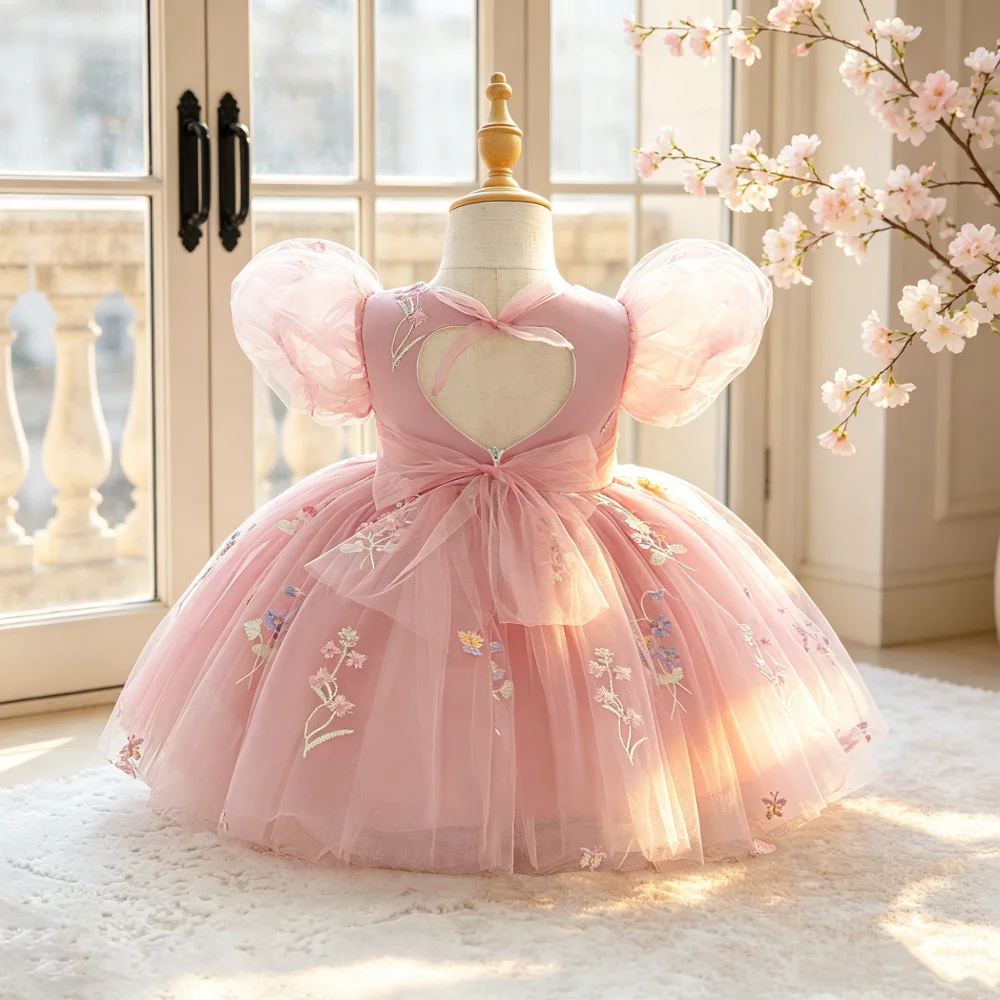 Baby Girl Floral Printed Gown Dress Puff Sleeve Elegant Gown Dress White Baptism Dress Suitable for Birthday Party Gathering