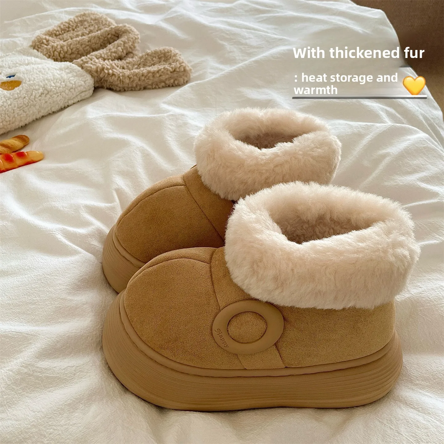 

Thiened Fce Lined Anti-Slip Snow Boots Women's Winter Warm Cotton Slippers with Fur Cuff Non-Slip Plu Indoor Slippers