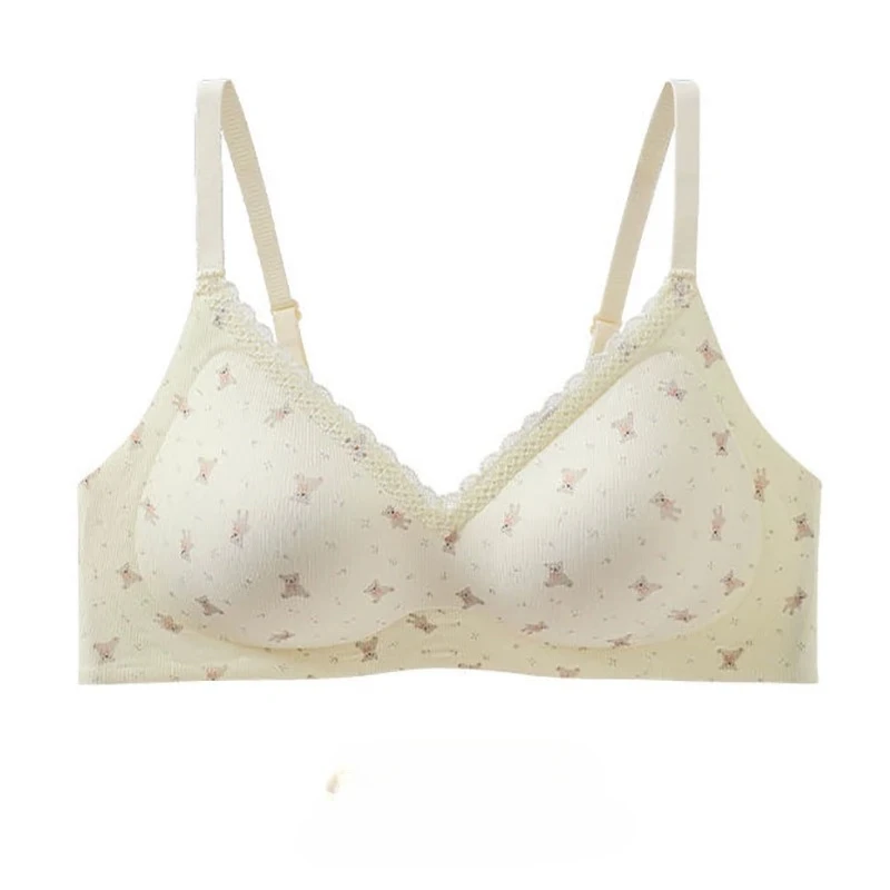 Minimalist Style Women Everyday Seamless Bralette Push Up Fixed Cup Floral Lace Trim Side Smoothing Small Bust Teen Girl