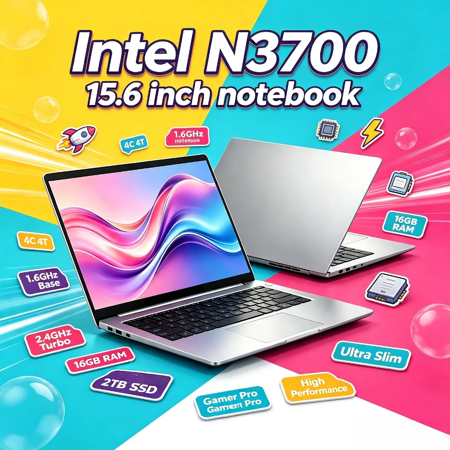 Intel N3700 15.6 Inch Laptop 4C 4T 1.6GHz Base 2.4GHz Turbo 16GB RAM 2TB SSD Ultra Slim Gamer Notebook Pro High Performance