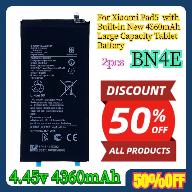 

2pcs 4.45v 4360mAh Tablet Battery For Xiaomi Pad5 BN4E with Built-in New 4360mAh Large Capacity Tablet Battery