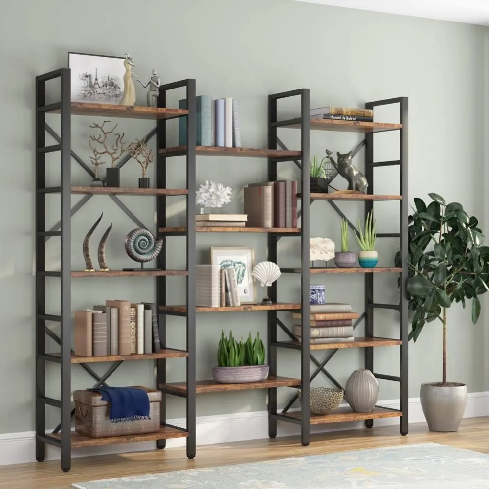 5-Shelf Bookcase, Open Bookshelf Vintage Industrial Style Shelves Wood and Metal Bookcases Furniture, 70 Inch Bookcase