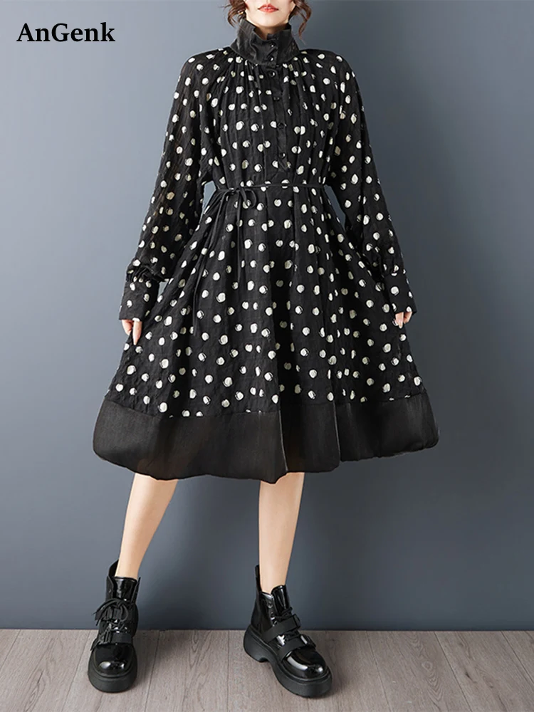 

2026 Spring Summer New Polka Dot Pleated Vintage Dresses For Women Long Sleeve Loose Casual Midi Dress Fashion Elegant Clothing