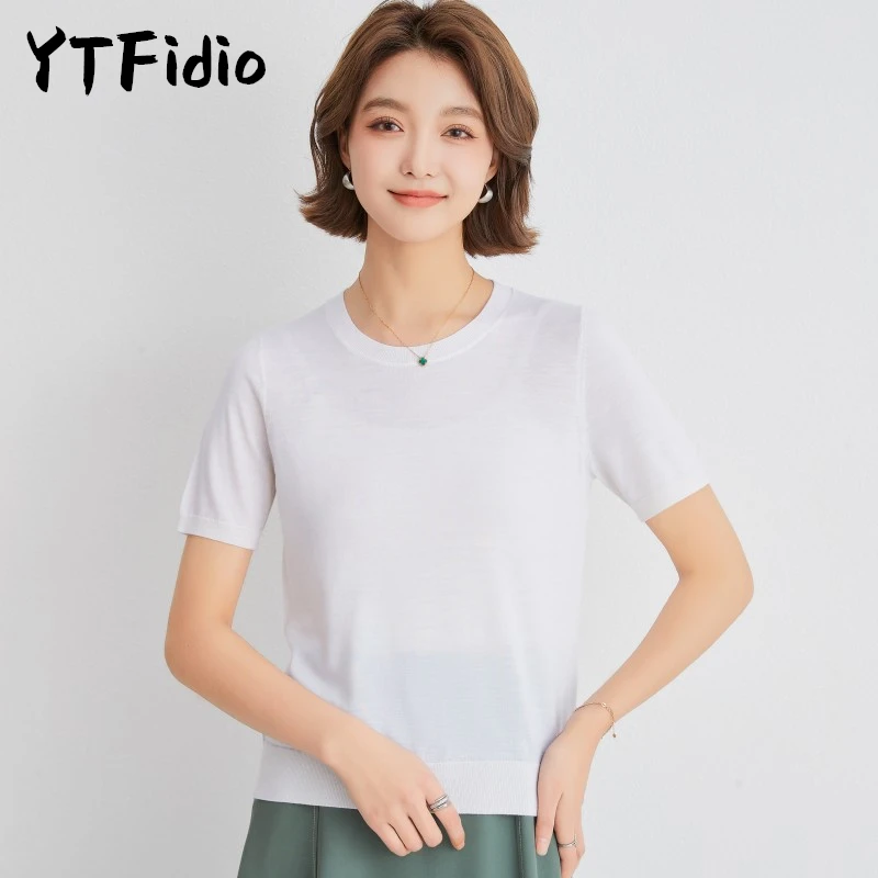 YTFidio  Summer New Women Cashmere Wool Tops Office Lady Solid O-neck Warm Soft Official-Website Half Sleeve Sweater  01