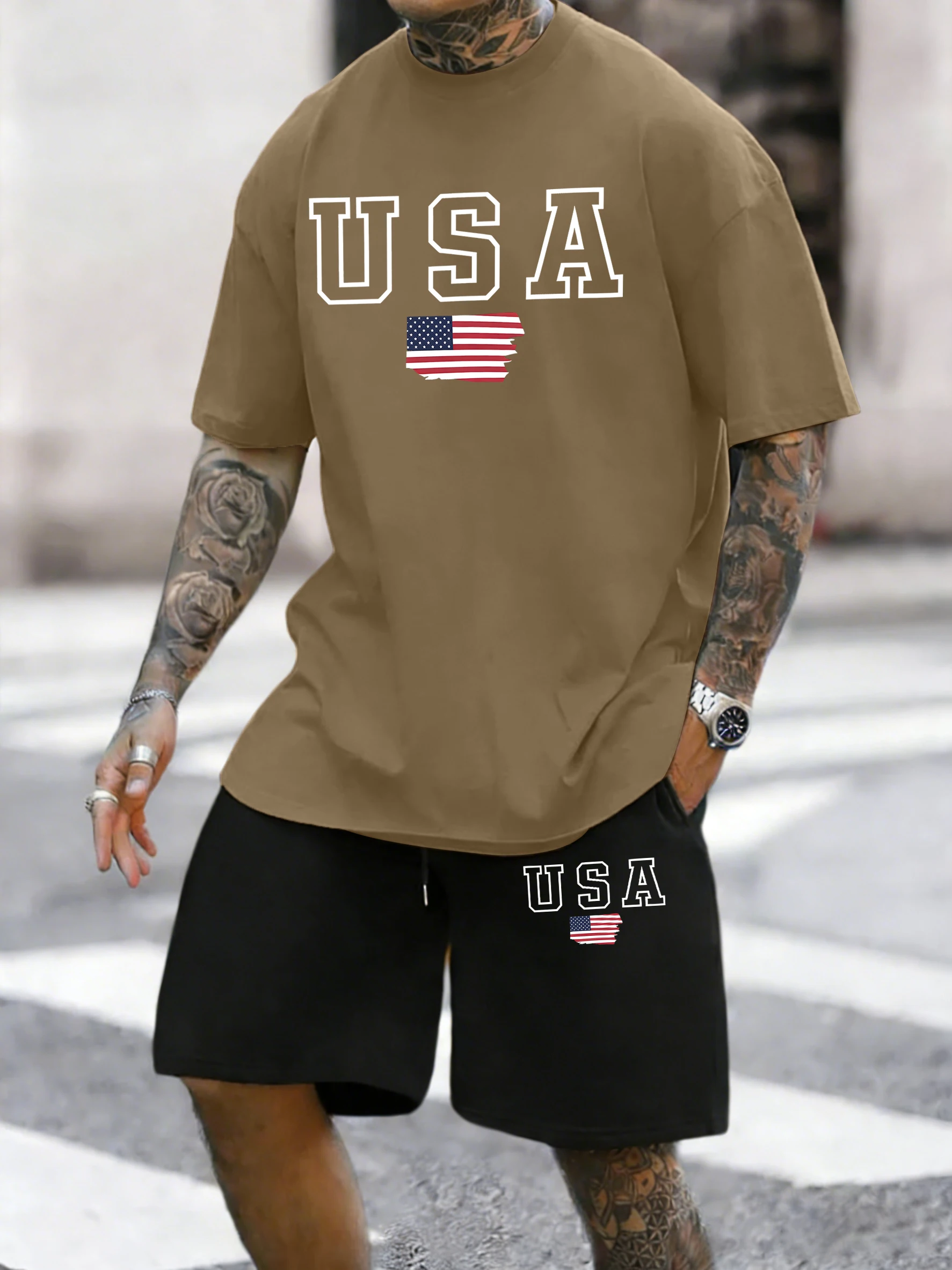 

Usa Flag Creative Printing Summer Cotton Cool Short 2 Piece Set Male Pocket Classic Bottom All-Match Simple Trendy Tees & Shorts