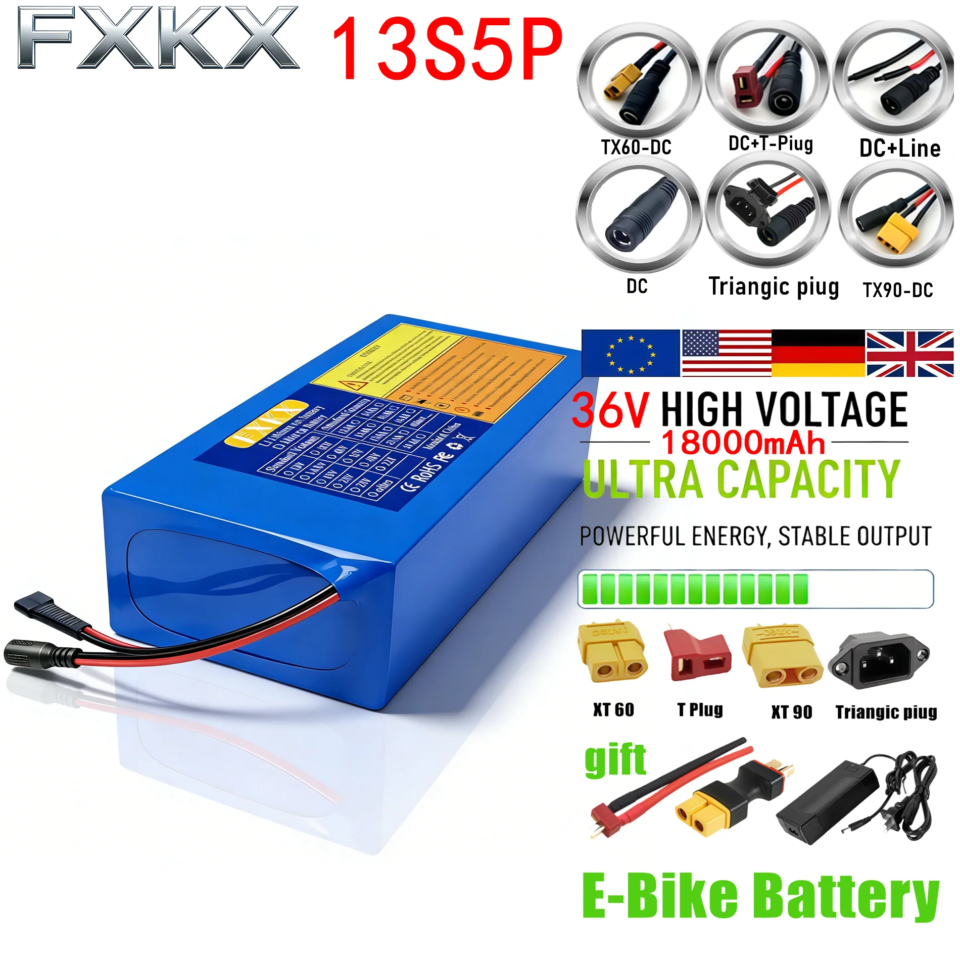 36V 18Ah 18650 Lithium 10S5P Battery Pack Built-in Intelligent BMS For 500-1000W Electrical Machinery+Charger DC+T-Piug