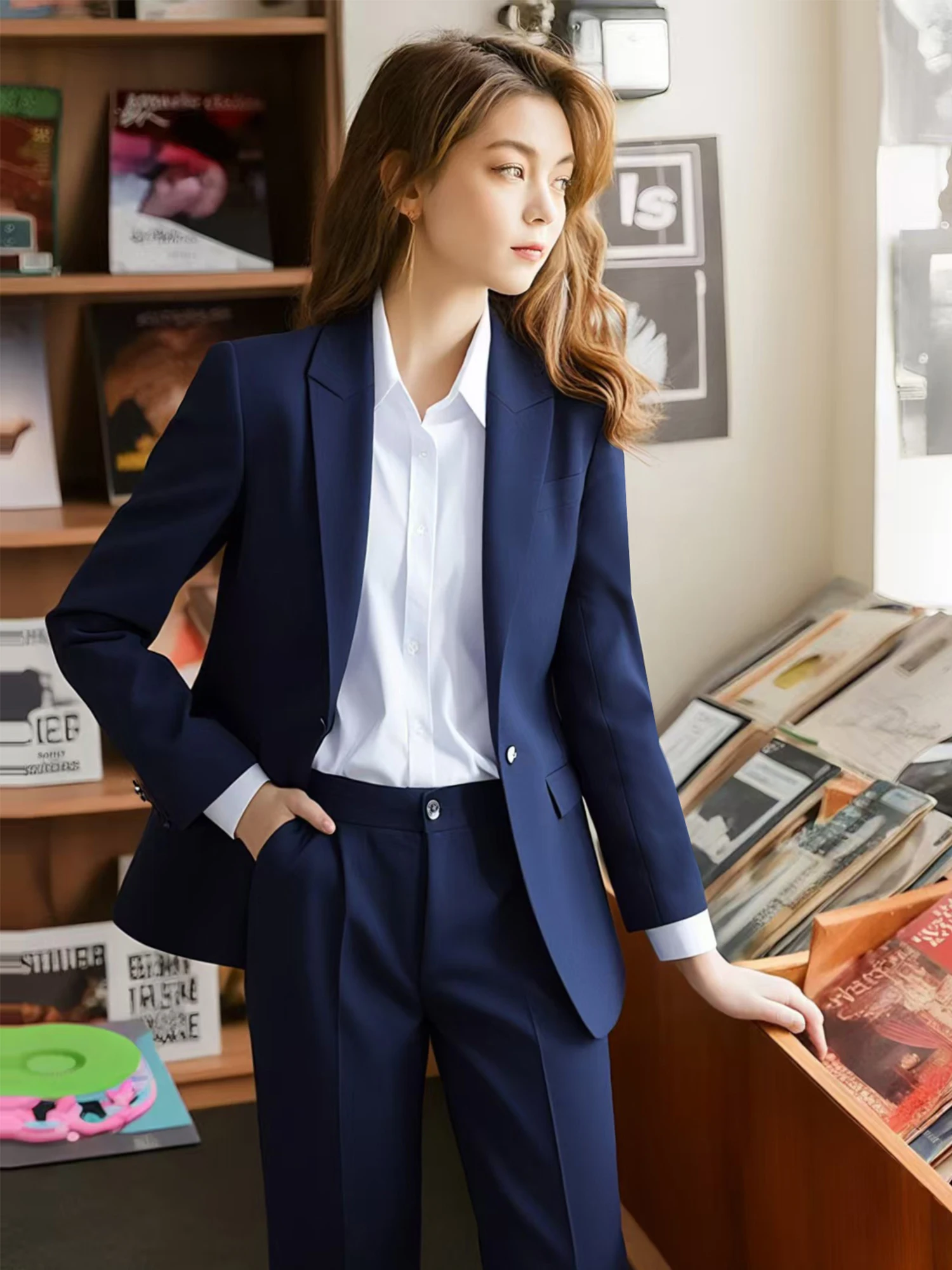 

Blue One-Button Suit Jaet Women's New Sle Spring Autumn High-End Elegance Lady Profional Formal Western Suit Set