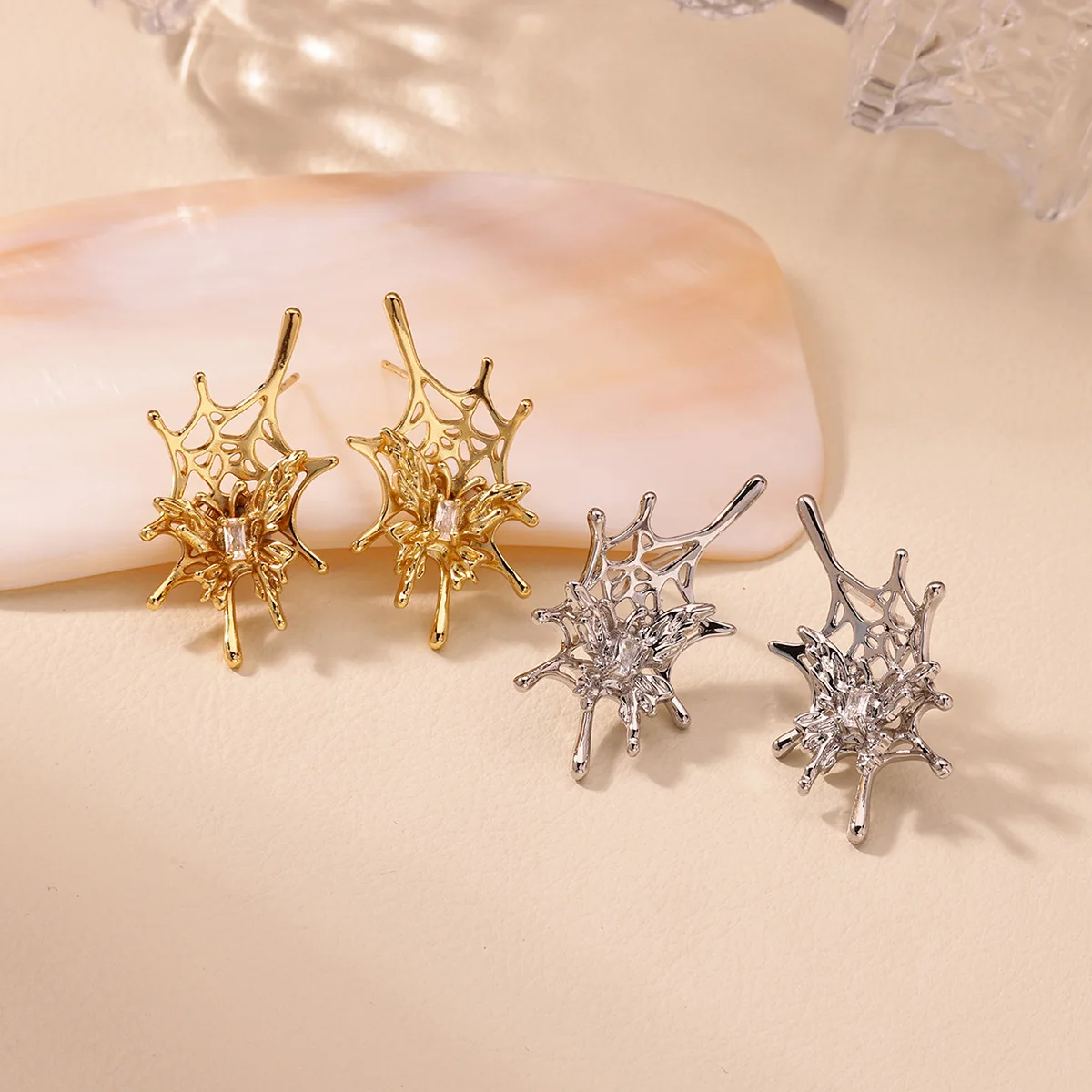 Stainless Steel Spider Web Butterfly Earring for Women Gold Color Anti Rust Earring Halloween Vacation Jewelry Accessories Gifts