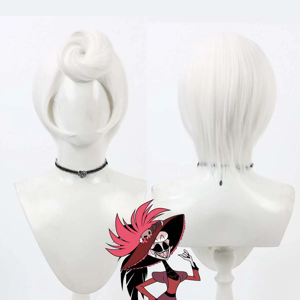 게임 Hazbin Rosie 코스프레 짧은 흰색 내열성 합성 머리 가발