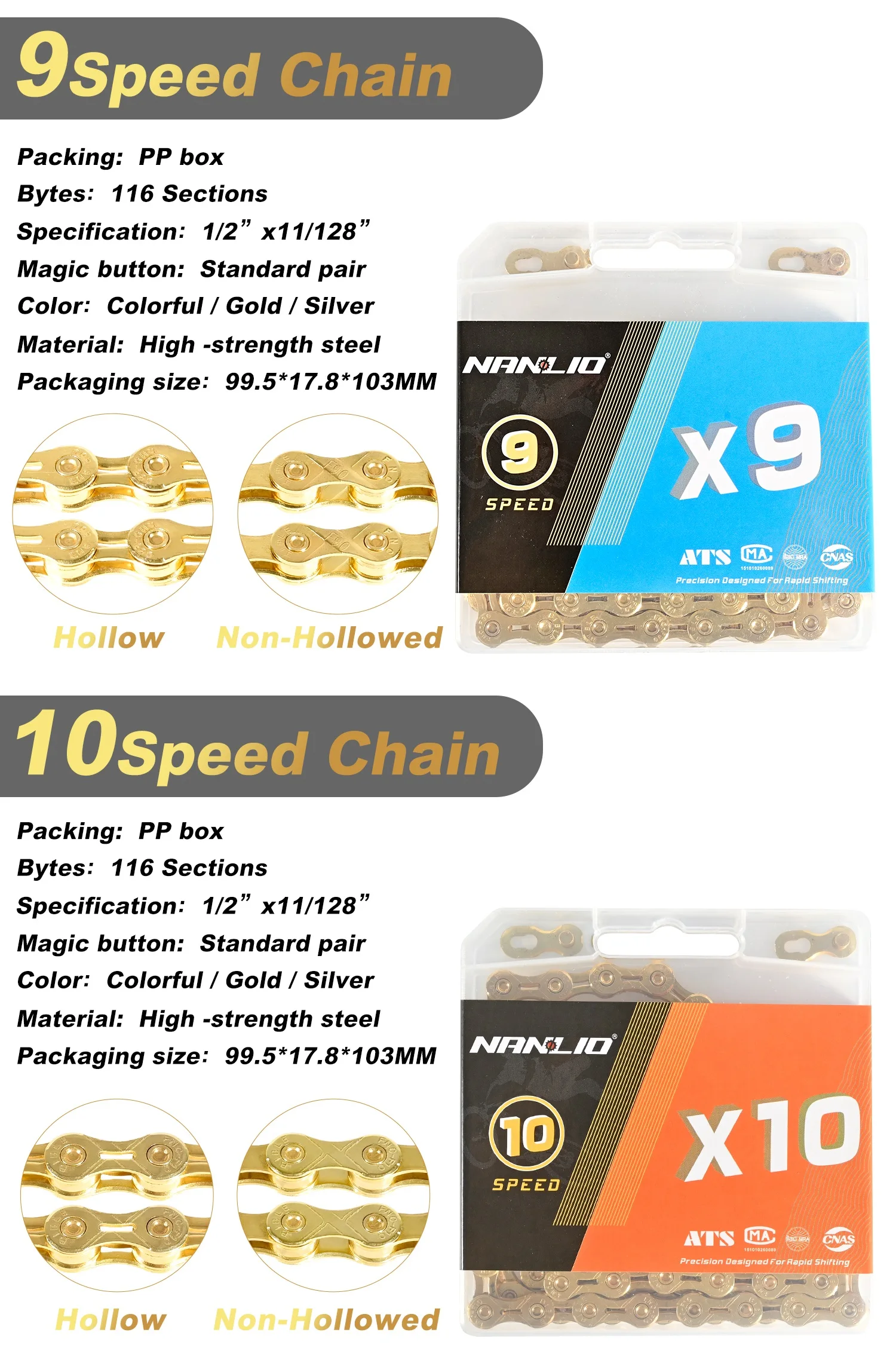 Nanlio X-Serie Fahrradkette 9 10 11 12 Gang Vollhohl Ultraleicht 116L MTB Rennradkette Gold Silber Regenbogen Galvanisiert – Detail 11