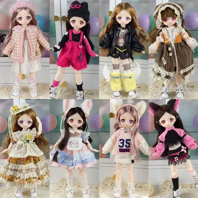 

30cm 1/6 Bjd Doll Anime With Clothes Cartoon Face Cute Princess Doll Set With Replaceable Flat Canvas Shoes Kids Girls Play Toys