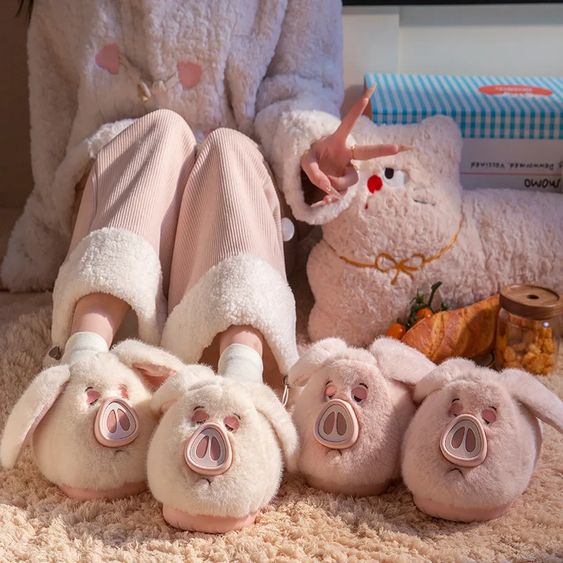 

Pink Cute Big Pig Slippers Indoor Home Women Fluffy Warm Non-slip House Cotton Slippers Winter Kawaii Cozy Soft Footwear Female