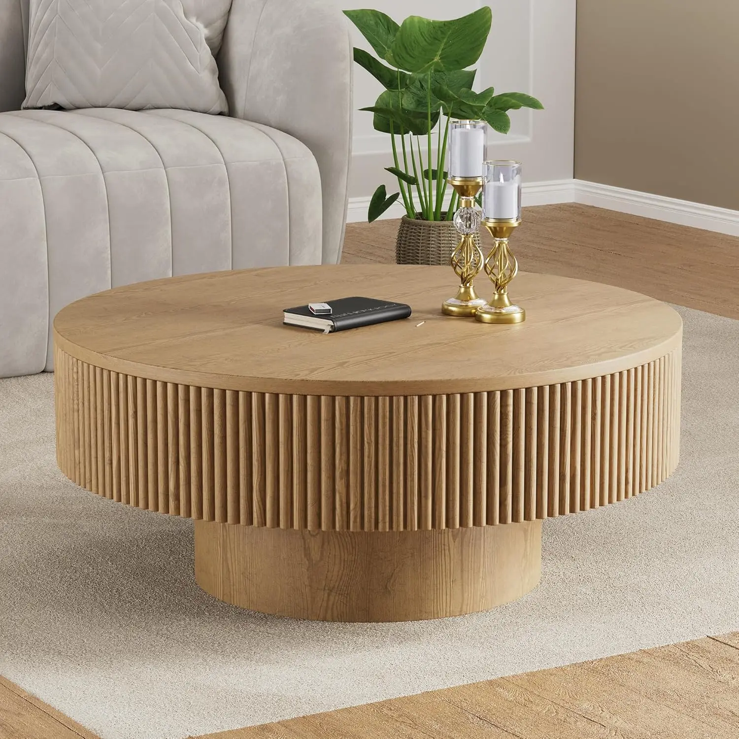 

31.5” Round Fluted Coffee Table, Modern Wood Circle Coffee Table, Veneer Handcrafted Relief Tea Table with Sturdy Pedestal