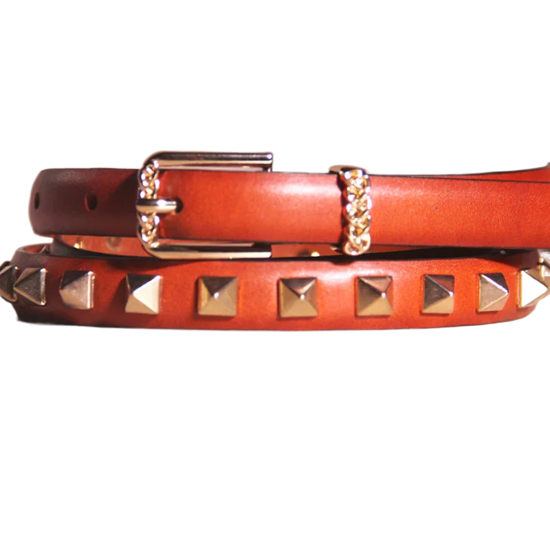 Women's fashionable belt with genuine leather rivets, trendy and versatile thin belt, high-quality genuine leather belt