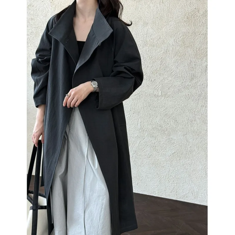 Johnature Korean Single-button Stand Collar Loose Long Trench Coat For Women New Autumn Casual Versatile Simple Tied Jackets