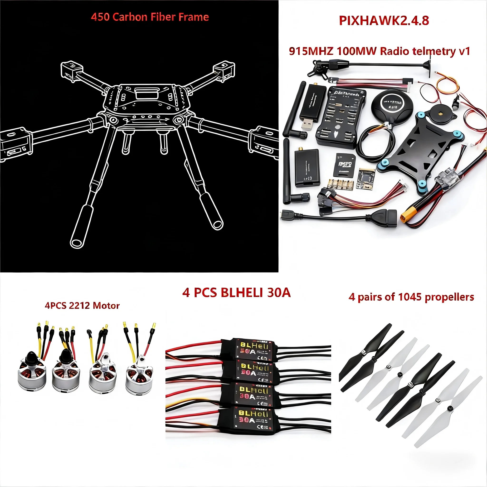 

FPV PIXHAWK2.4.8 Flight Control Carbon Fiber 450 Frame Kit Ardupilot 100MW Radio Telemetry Quadcopter BLHELI 30A 2212 Motor ESC
