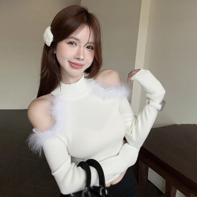 

Women Sweater Knitted Top Half High Collar Plush Lint Stitching Back Hollow out Solid Colour Spring Autumn Slim Sexy