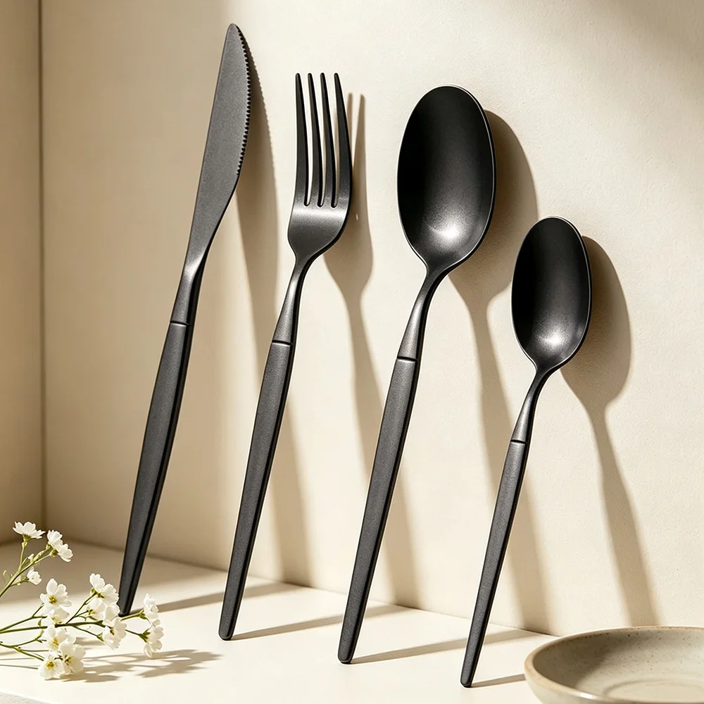 4Pcs Black Dinnerware Set Stainless Steel Tableware Steak Knife Fork Coffee Spoon Teaspoons Cutlery Set Party Kitchen Flatware