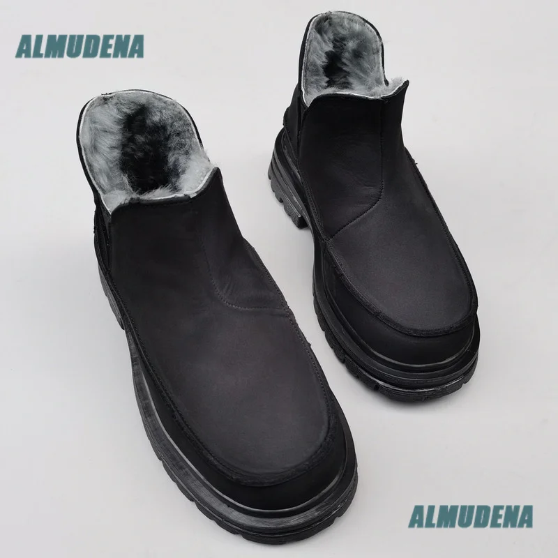 Women Black Leather Snow Boots Slip On Fleece Lined Winter Warm Ankle Boots Chunky Lug Sole Non-Slip Cold Weather Short Boots