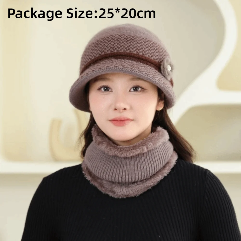 Gorro de invierno con decoración de flores para mujer, gorro de punto grueso y cálido con forro de piel, gorro térmico con forro polar para mujeres mayores