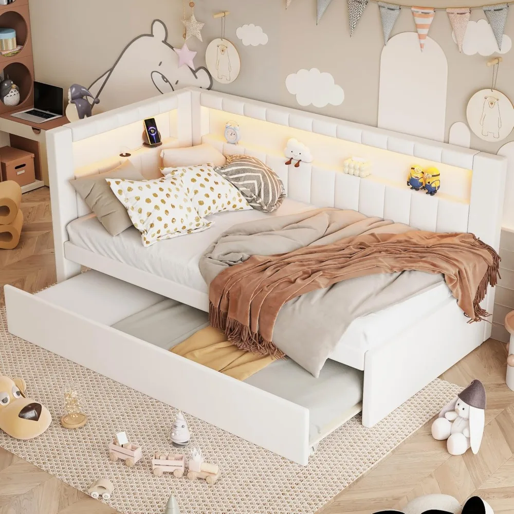 سرير زاوية ناعم منجد من الكتان مع أرفف تخزين وشحن وسرير نهاري مزدوج الحجم مع دولاب ولوح أمامي لرف الكتب على شكل حرف L