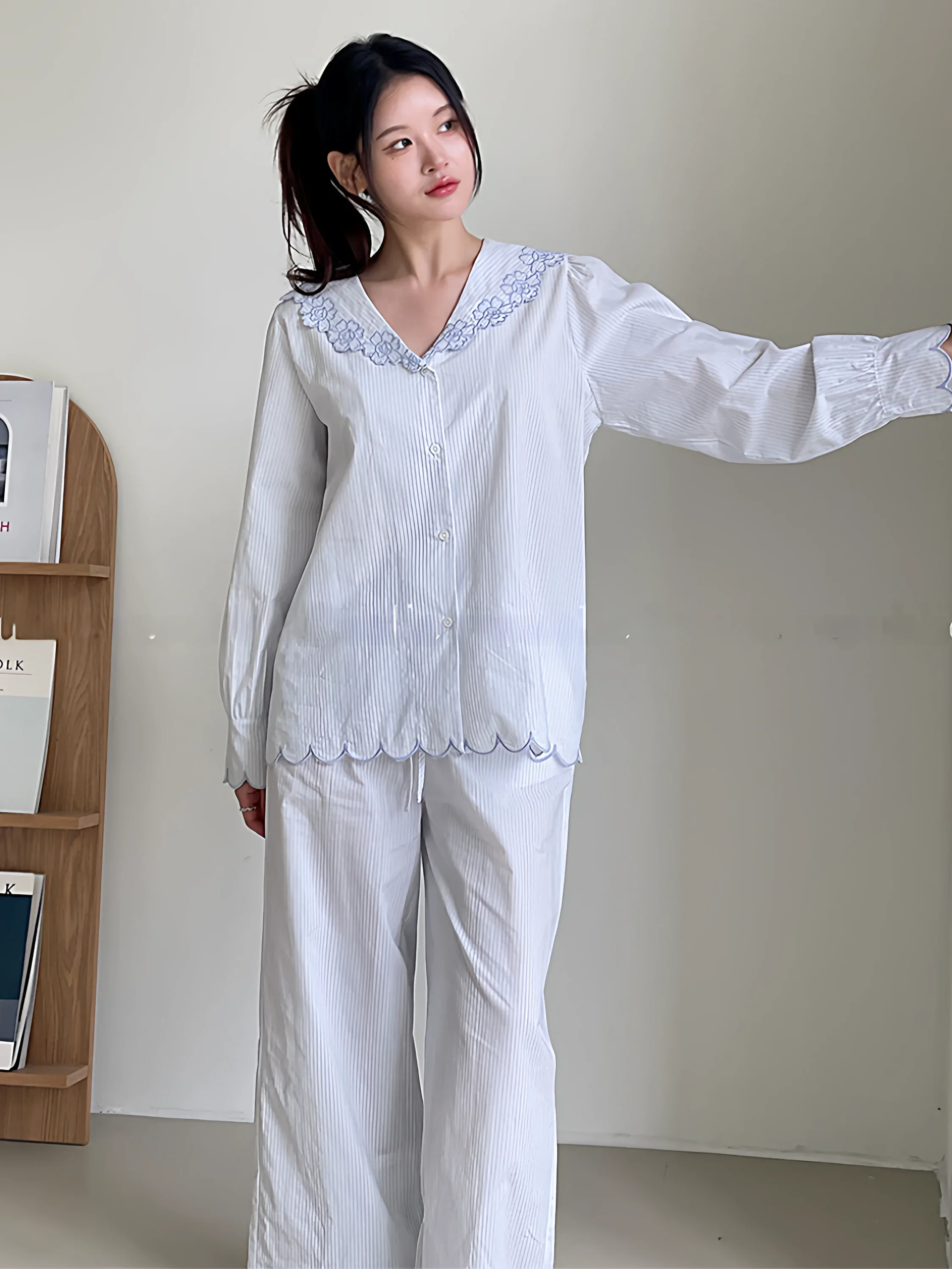 set-da-casa-in-puro-cotone-ricamato-con-pizzo-cardigan-aperto-per-donne-comodo-e-traspirante-abbigliamento-da-notte-casual