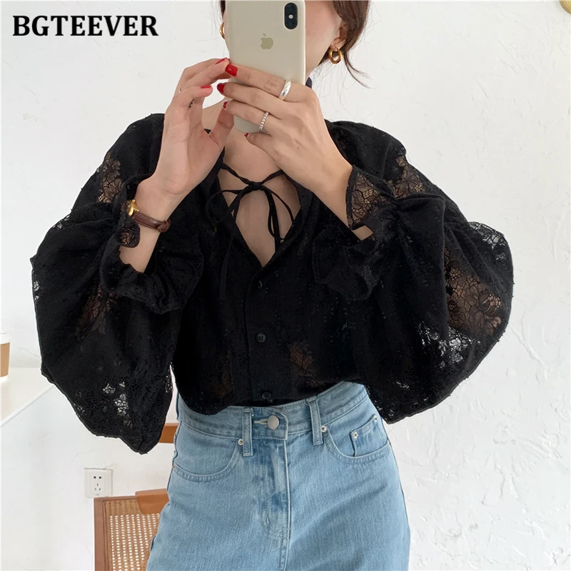 BGTEEVER Retro Hollowed-out Crochet Lantern Sleeve Shirt Top for Women
