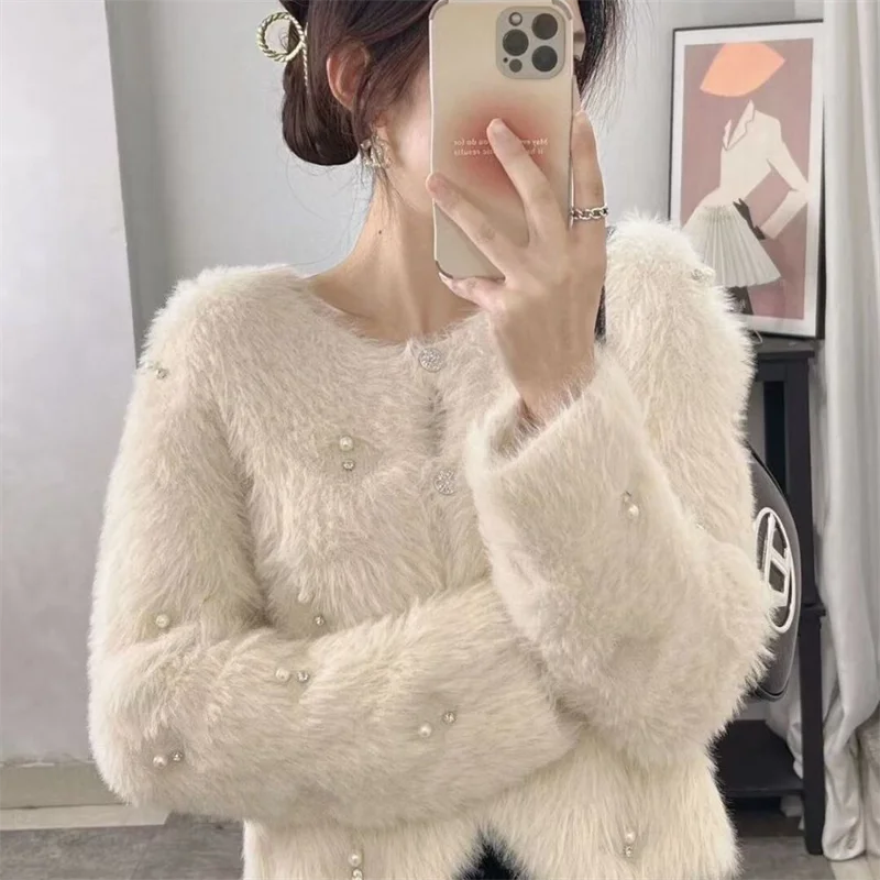 Cardigan Outerwears  Women's Sweater New Mink Cashmere Knitted Cardigan Sweater Coat Women's Autumn Thick Short high-end Coat