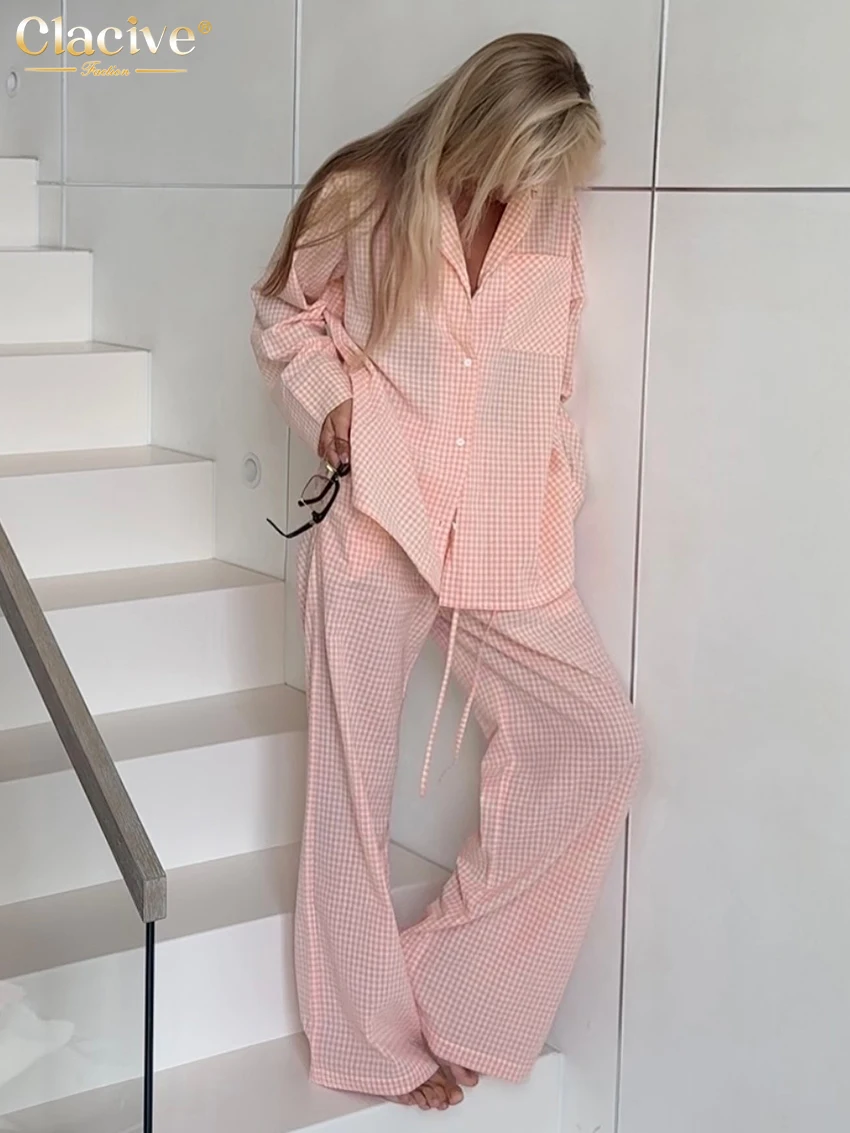 Clacive Fashion Loose Pink Plaid Women's Two Pieces Set 2026 Elegant Long Sleeve Blouse With High Waist Wide Pants Set Female