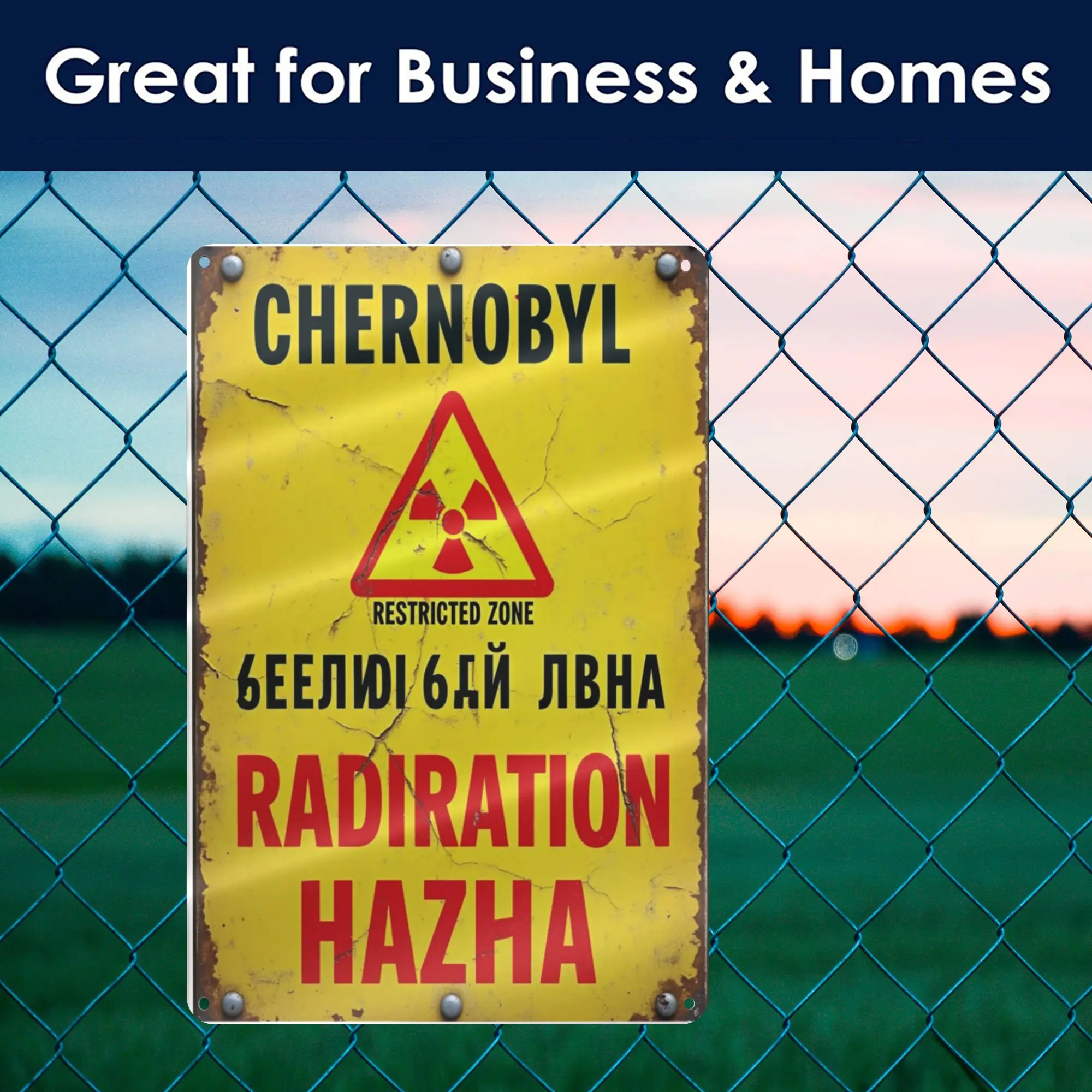 لافتة حديدية لخطر الإشعاع العتيق - لوحة فنية جدارية قديمة مع نص إنجليزي وروسي، لوحة معدنية مطبوعة بالأشعة فوق البنفسجية للمنزل والحديقة، Ba #5