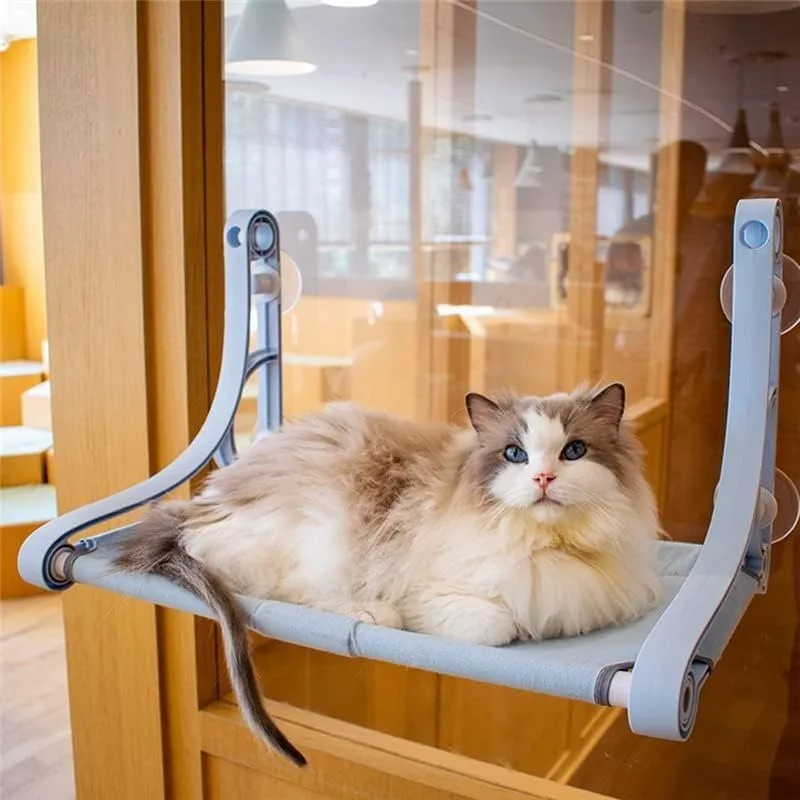1Pc Blue Cordless Cat Window Perch Hammock with 4 Strong Suction Cups Sturdy Frame Soft Removable Double Fabric Cushion Cover Safe Comfort Window Bed for Indoor Cats view 2