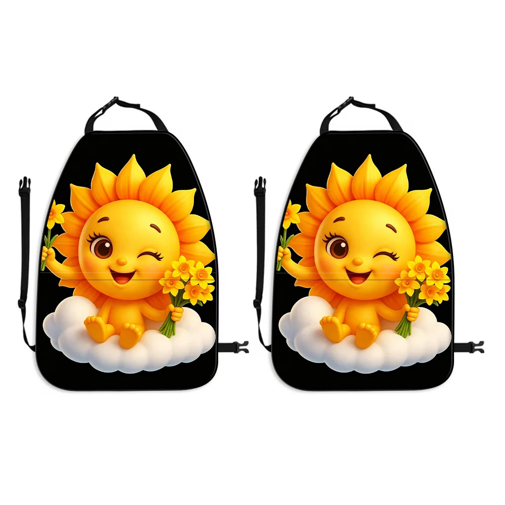 2pcs Cute Cartoon Sunflower Character Print Car Seat Back Cover With Storage Bag, Back Seat Protection Kick Pad, Universal Car S