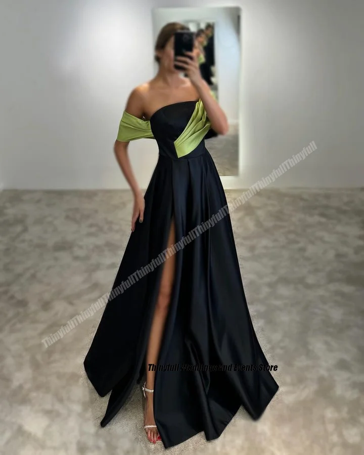 Thinyfull A-line Satin Evening Dress Off Shoulder Strapless Prom Dresses Split Sleevless Long Formal Occasion Dress Customized