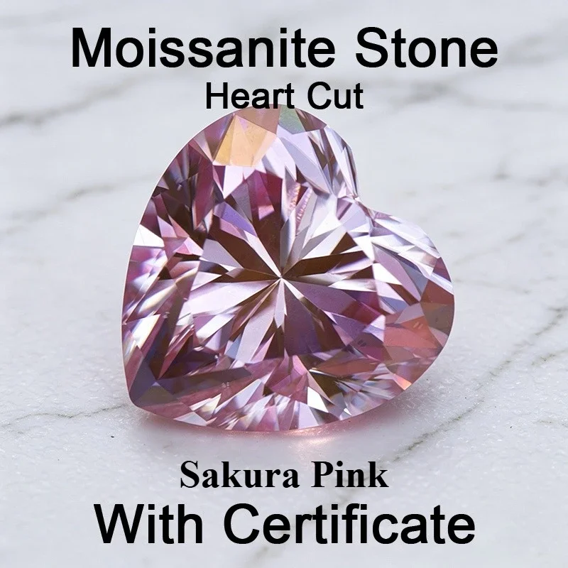 Moissanite Stone Heart Cut Sakura Pink Color Gemstone for Charms Jewelry Making Materials Pass Diamond Tester with Certificate