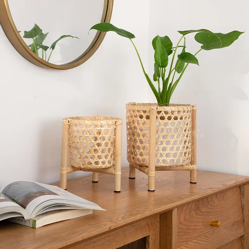 Nordic Ins Style Flower Pots Desktop Bamboo Woven Plant Rack for Living Room Home Decoration Pure Handmade Flower Basket