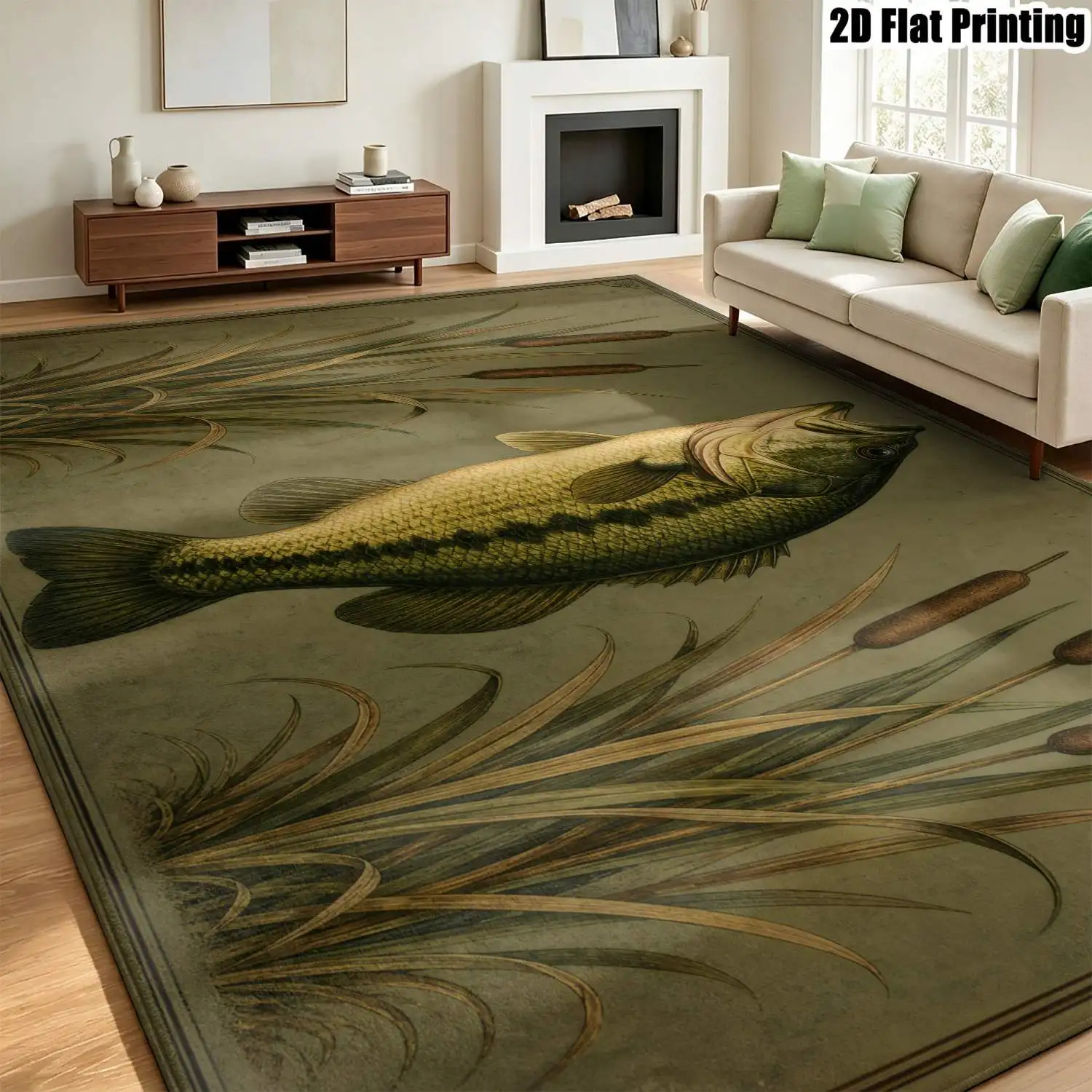 1Pc 2D Printed Retro Green Fish Pattern Carpet, European-Style Retro Floor Mat, Geometric Striped & Floral Home Decor Rug, Multi-Size, Machine Washable, Suitable for Entrance, Dining Room, Foyer, Living Room & Bedroom