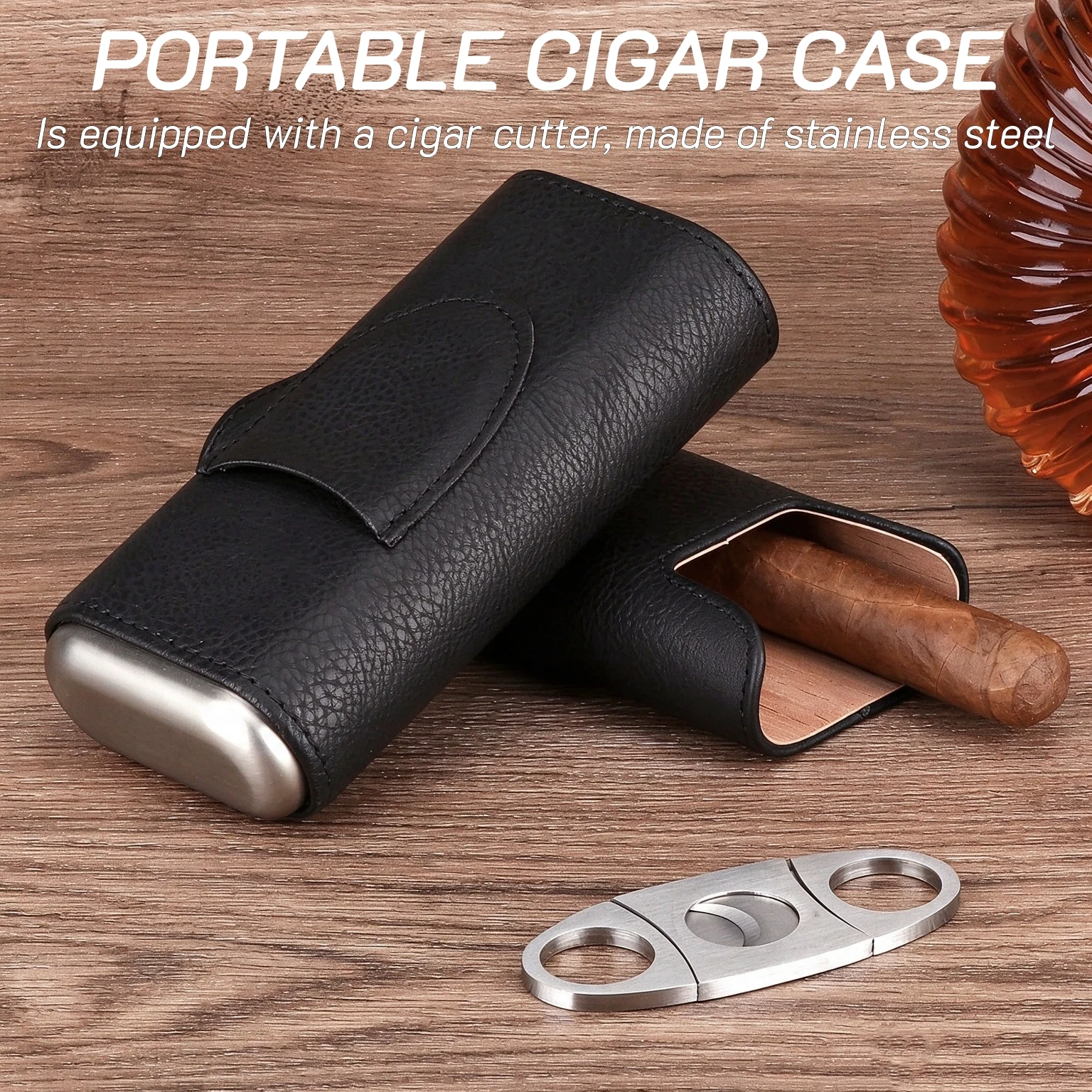Premium 3- Finger Leather Cigar Case Cedar Wood Lined Travel Cigar Humidor with Silver Cutter Cigar Holder Perfect Gift for Men