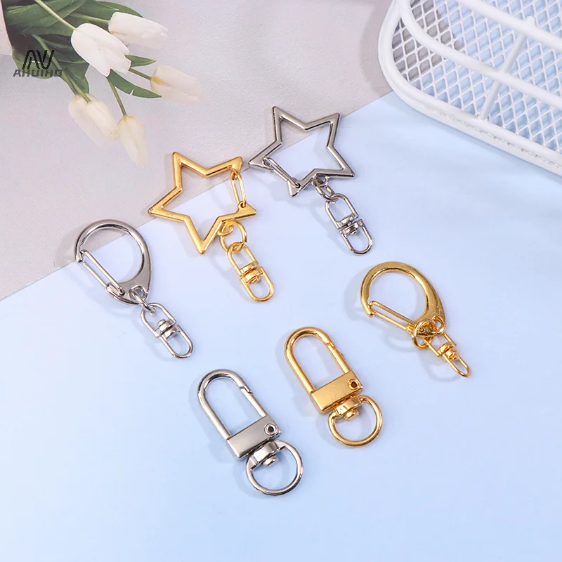 10Pcs Star Pentagram D-shaped Hollow Key Chain Rings Keychain DIY Accessories Lobster Clasp Keyring Jewelry Making Findings