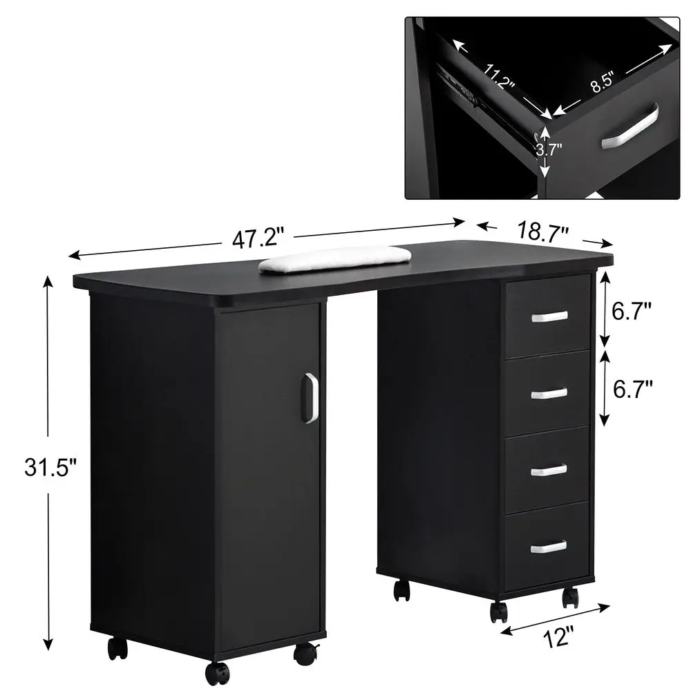 

Manicure Table, Acetone Resistant Nail Desk, Nail Table with 4 Drawers, 2 Cabinet, Lockable Wheels, Wrist Pad, Nail Desk for Na