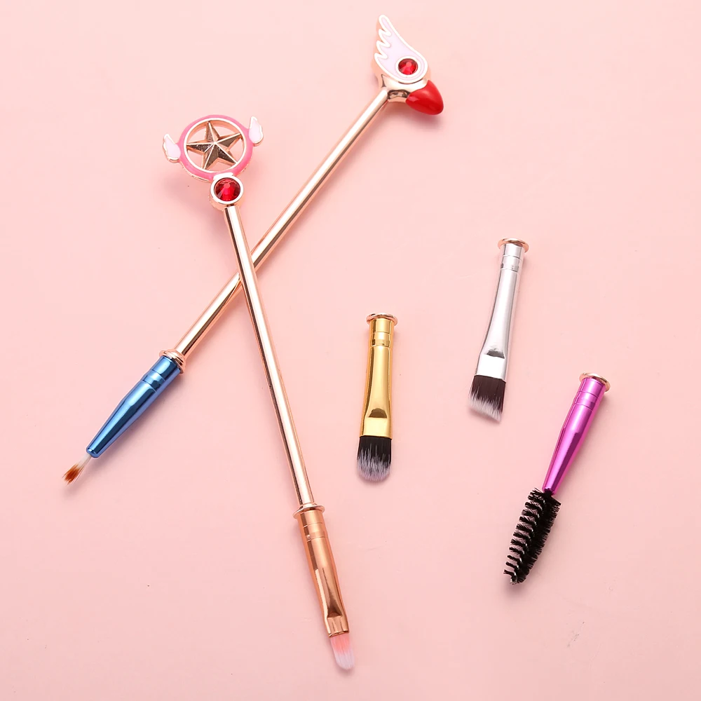 2Pcs Cute Card Captor Sakura Makeup Brush Set Metal Handle Eyelash Eye Shadow Blush Synthetic Fiber Brush Free Three Brush Heads