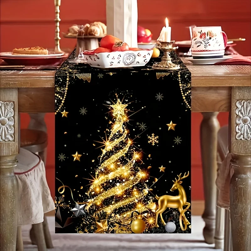 1 Stück luxuriöser Weihnachts-Tischläufer, Frohe Weihnachten, goldener Baum-Hirsch-Druck, festliche Tischdekoration für Weihnachts-Dinner-Party-Feiertage