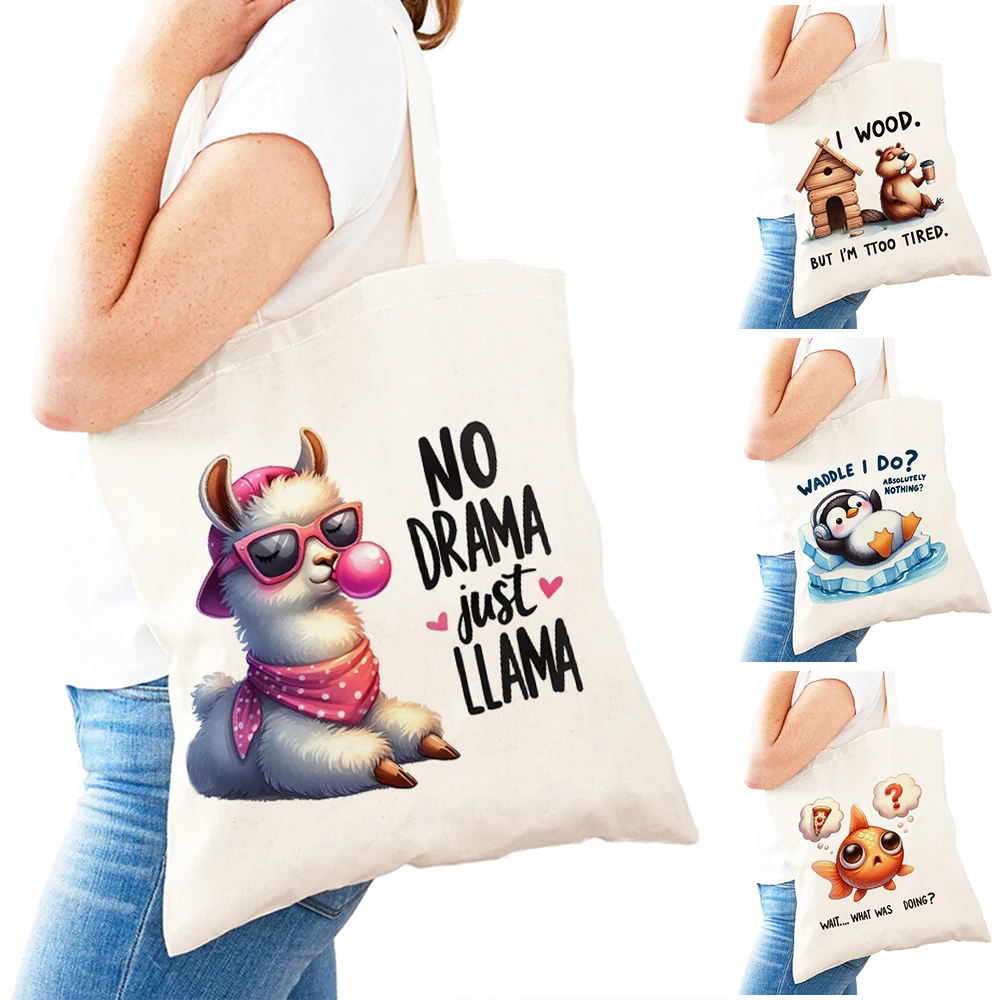 

Quirky Duck Lady Shopper Bags Double Print Lazy Penguin Women Daily use Shoulder Handbag Drama Free Llama Girl Shopping Bag