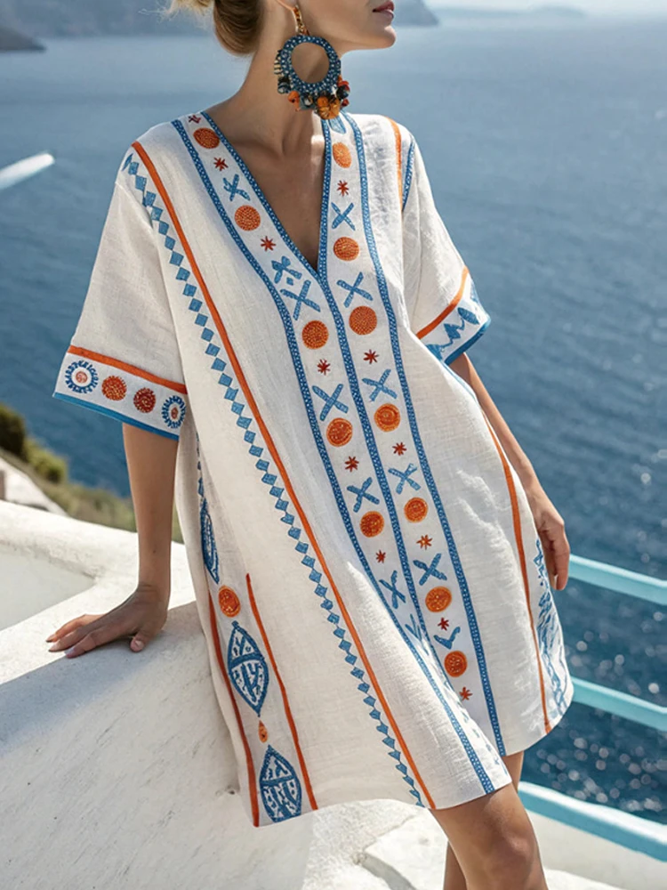 Robe de plage décontractée pour femmes, grande taille, mode, col en V, manches 3/4, ample, style bohème, imprimée, Robe de soirée, été