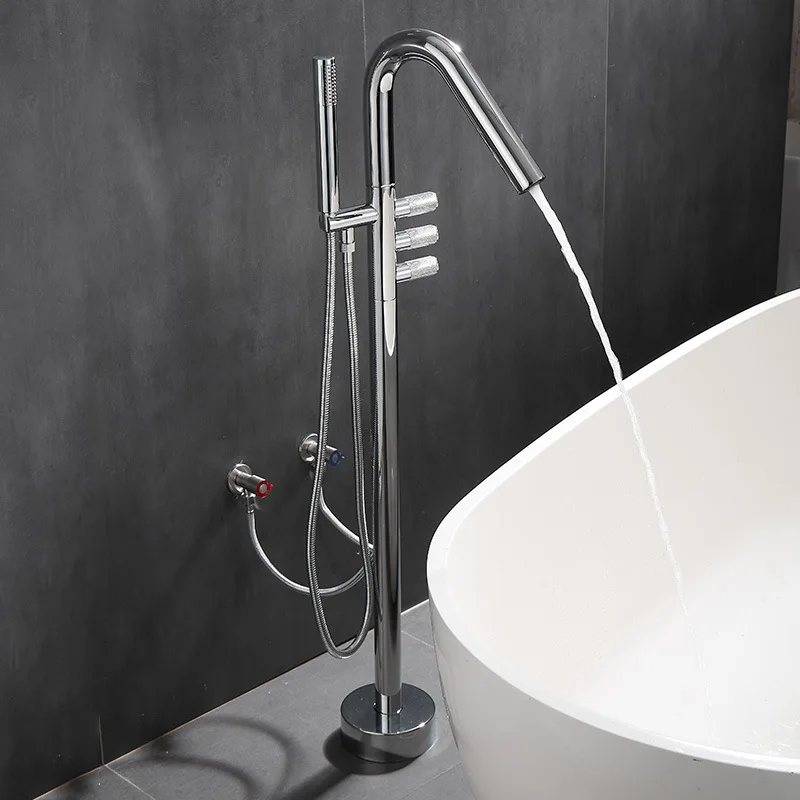 Full Brass Floor Mounted Bathtub Faucet 3 Function Rotatable Bathroom Pillar Basin Tap Hot Cold Water