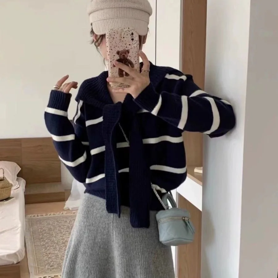 Fake 2pcs Pullovers Women Autumn Striped Korean Style Knitted Baggy Soft Tops Design Youthful Leisure All-match Age-reducing