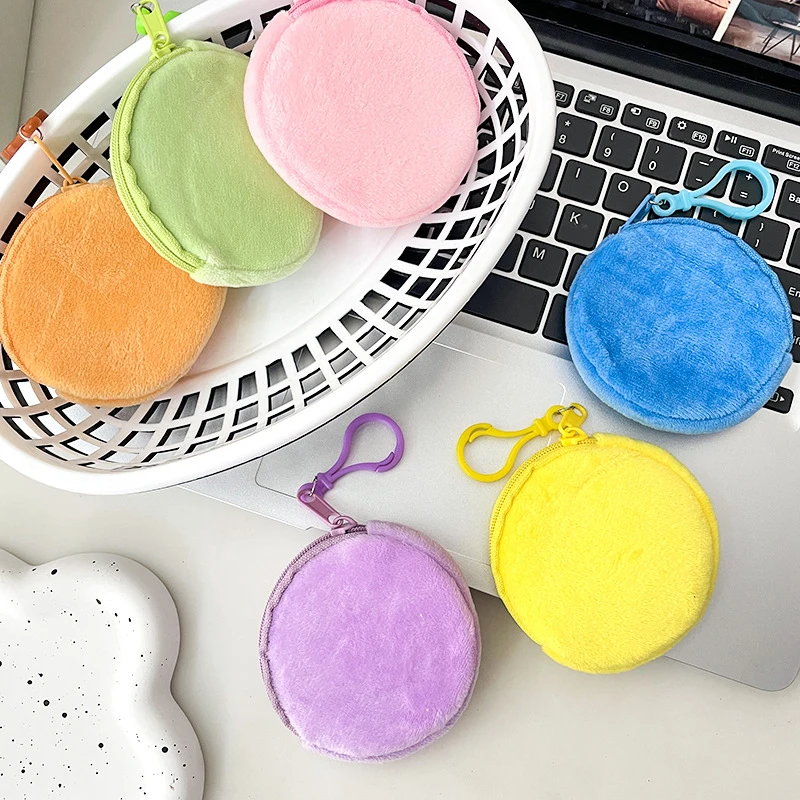 Simple Solid Color Plush Round Coin Purse For Women Men Portable Mini Coin Bag Keychain Fashion Mini Headset Bag Kids Gifts