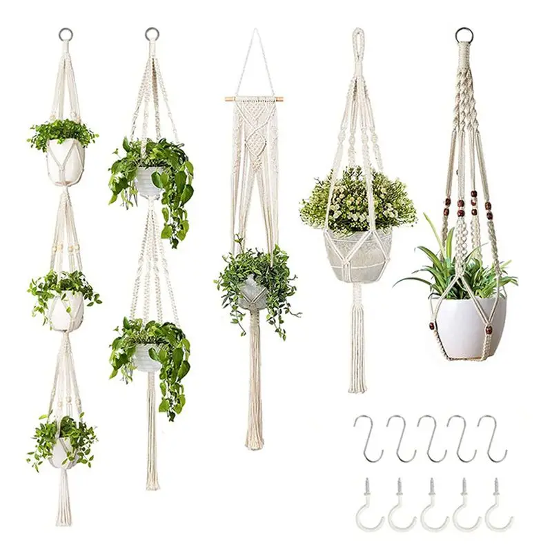 A93E-Hand-Made Flower Stand, Adjustable Knotting Rope, Woven Hanging Basket, With Flowerpot Tray, Used In Indoor Garden.