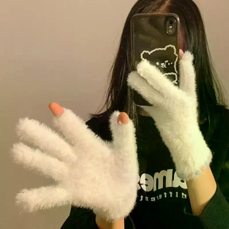 

Плюшевые перчатки с открытым пальцем и сенсорным экраном на пять пальцев для женщин, зимние, теплые и толстые бархатные перчатки для студентов на велосипеде