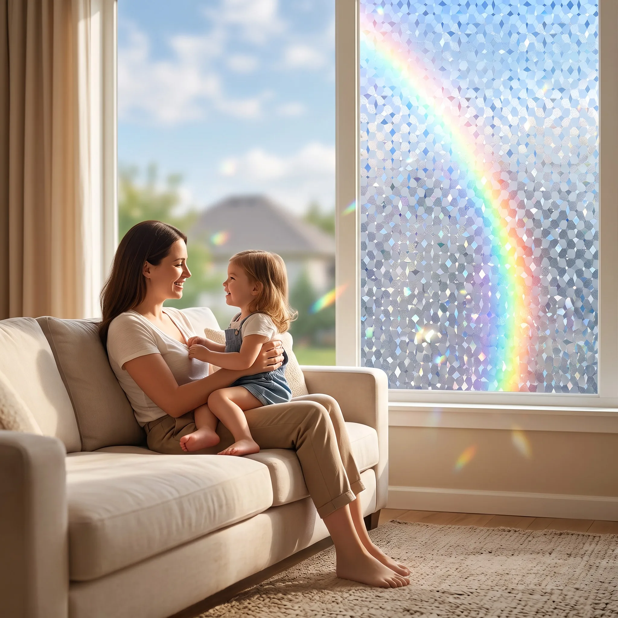 Static Cling 3D Rainbow Holographic Hexagon Window Privacy Film, No Glue Removable Modern Luxury Decor for Bathroom Bedroom Home
