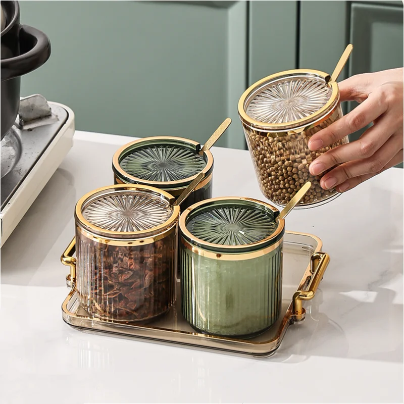 Gold Acrylic Stripe Seasoning Jar Set Household Sugar Bowl Airtight Storage Jar Kitchen Supplies Storage Bottle Grain Dispenser